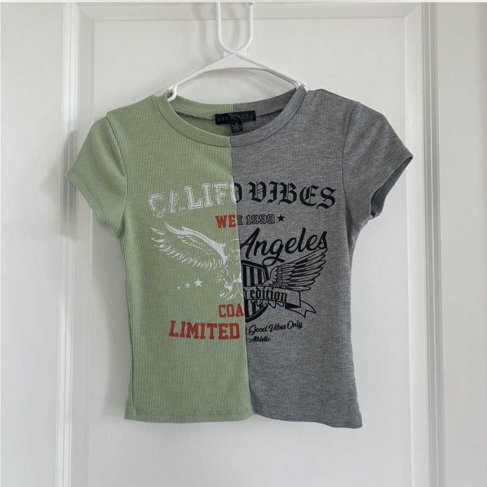 Forever 21 Split Design Green and Gray Graphic Tee
